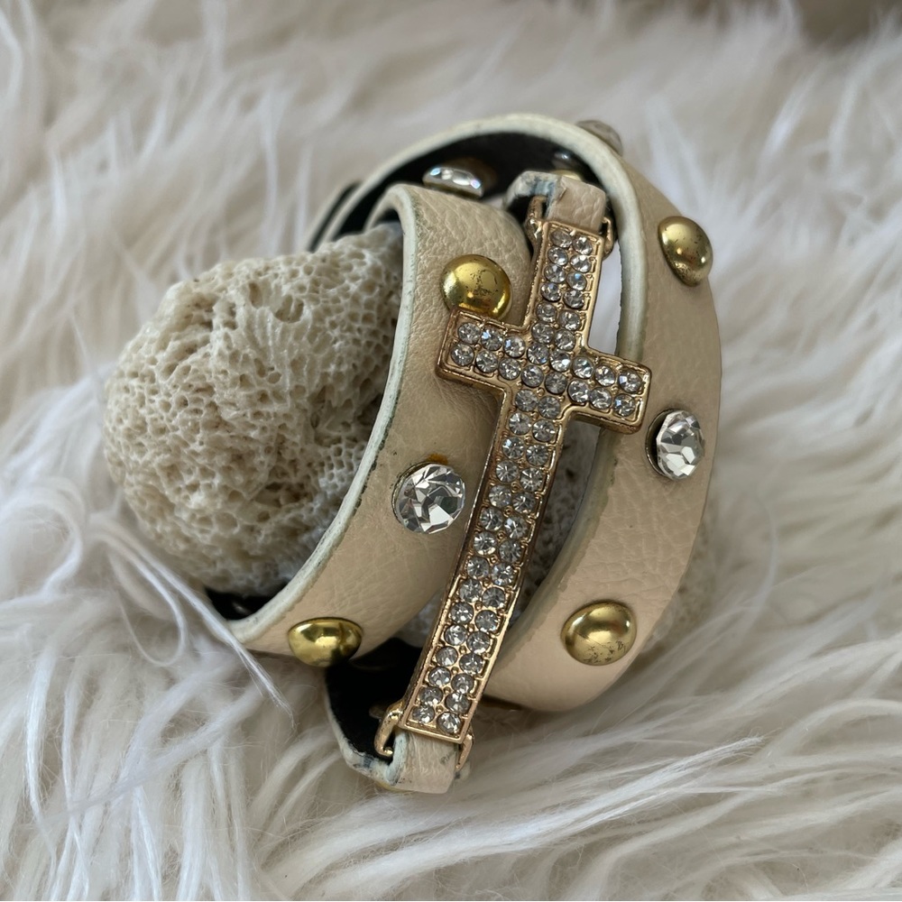 Leather and Rhinestone with Cross Bracelet